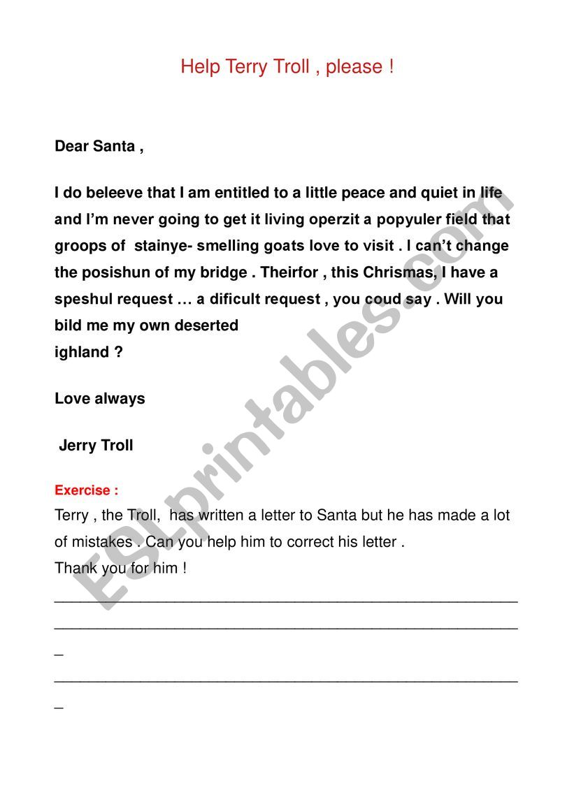 Terry Troll wrote to Santa worksheet