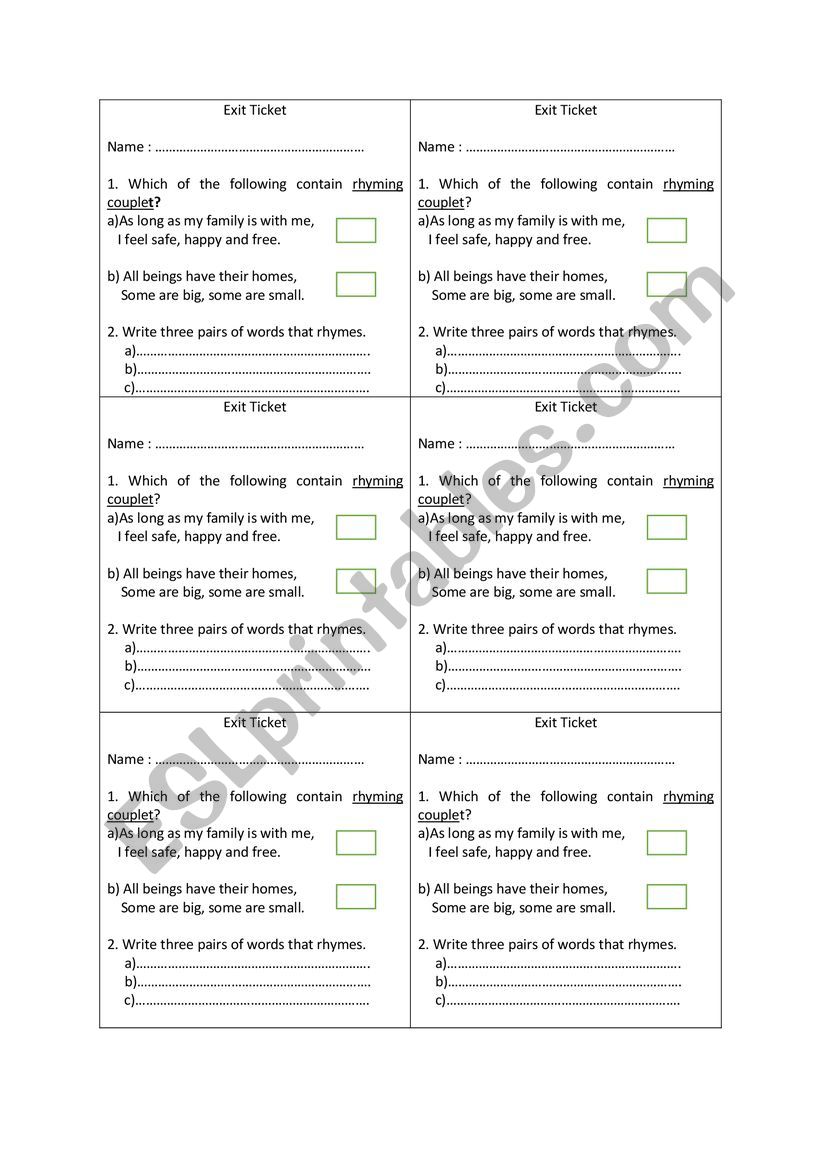 Exit Card for rhyming Couplet worksheet