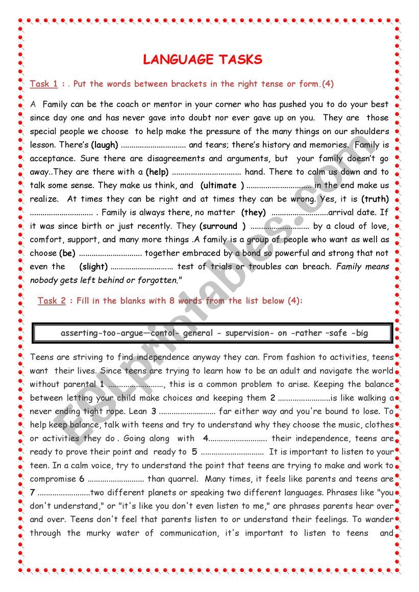 LANGUAGE  TASKS  3rd  formers worksheet