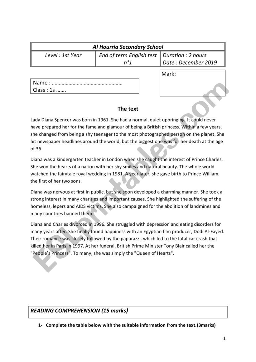 End term test 1 first form worksheet