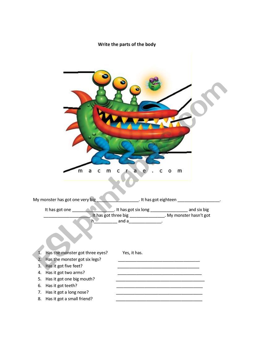 monster!. body parts worksheet