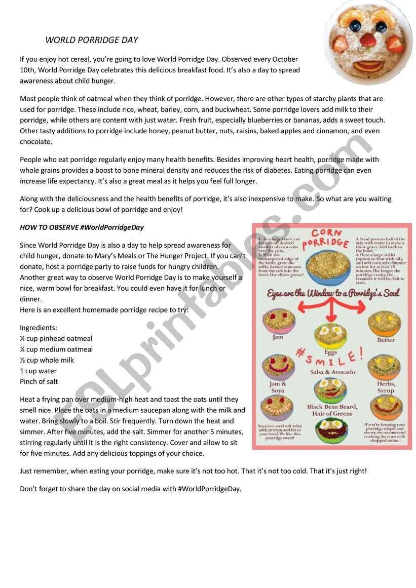 World Porridge Day worksheet