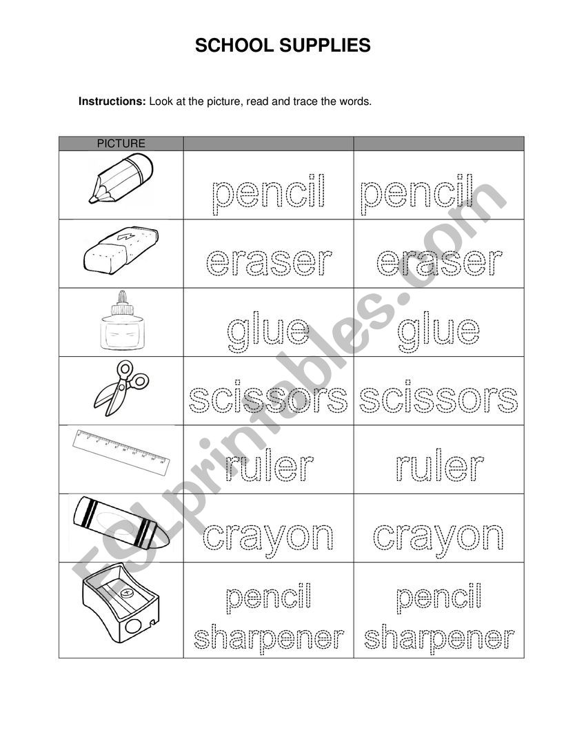 School supplies worksheet