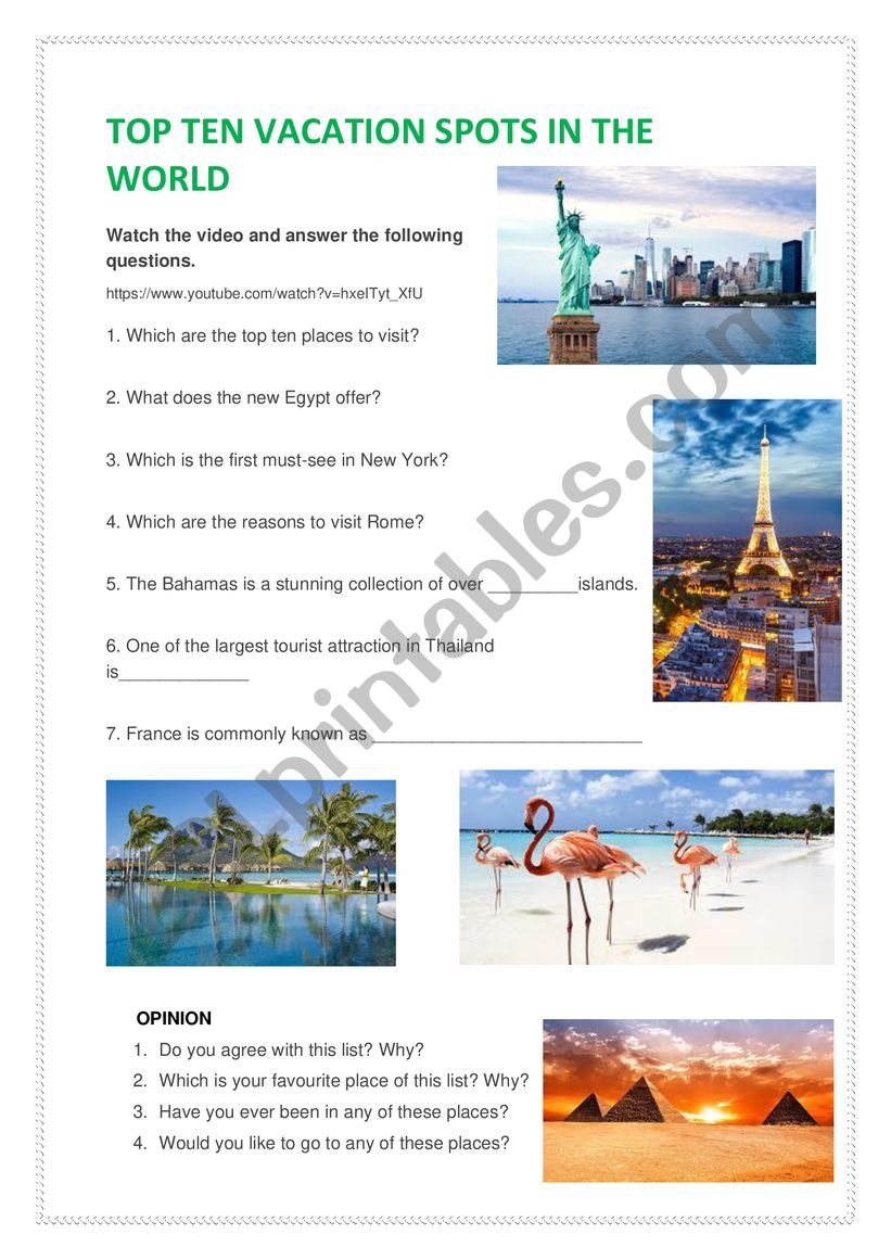 Top ten vacations with key worksheet