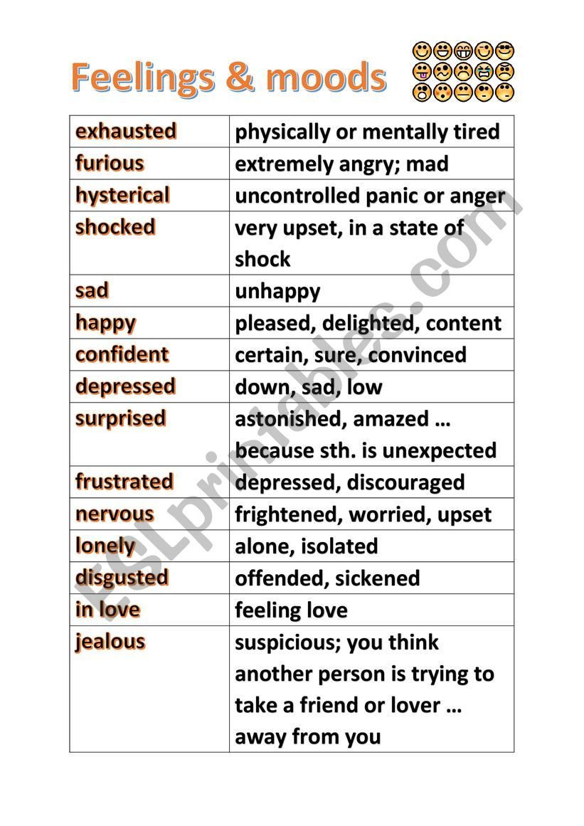 Feelings & moods Vocabulary worksheet