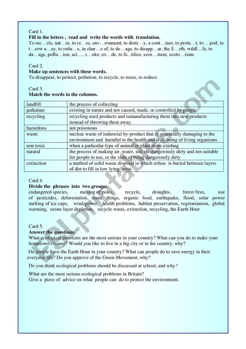 Ecology. worksheet