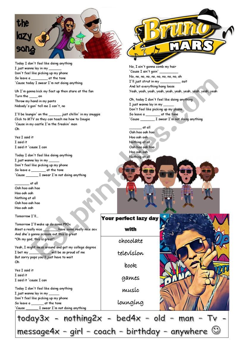 Bruno Mars - Lazy song worksheet