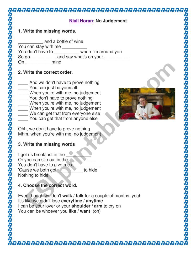 Niall Horan: No Judgement worksheet