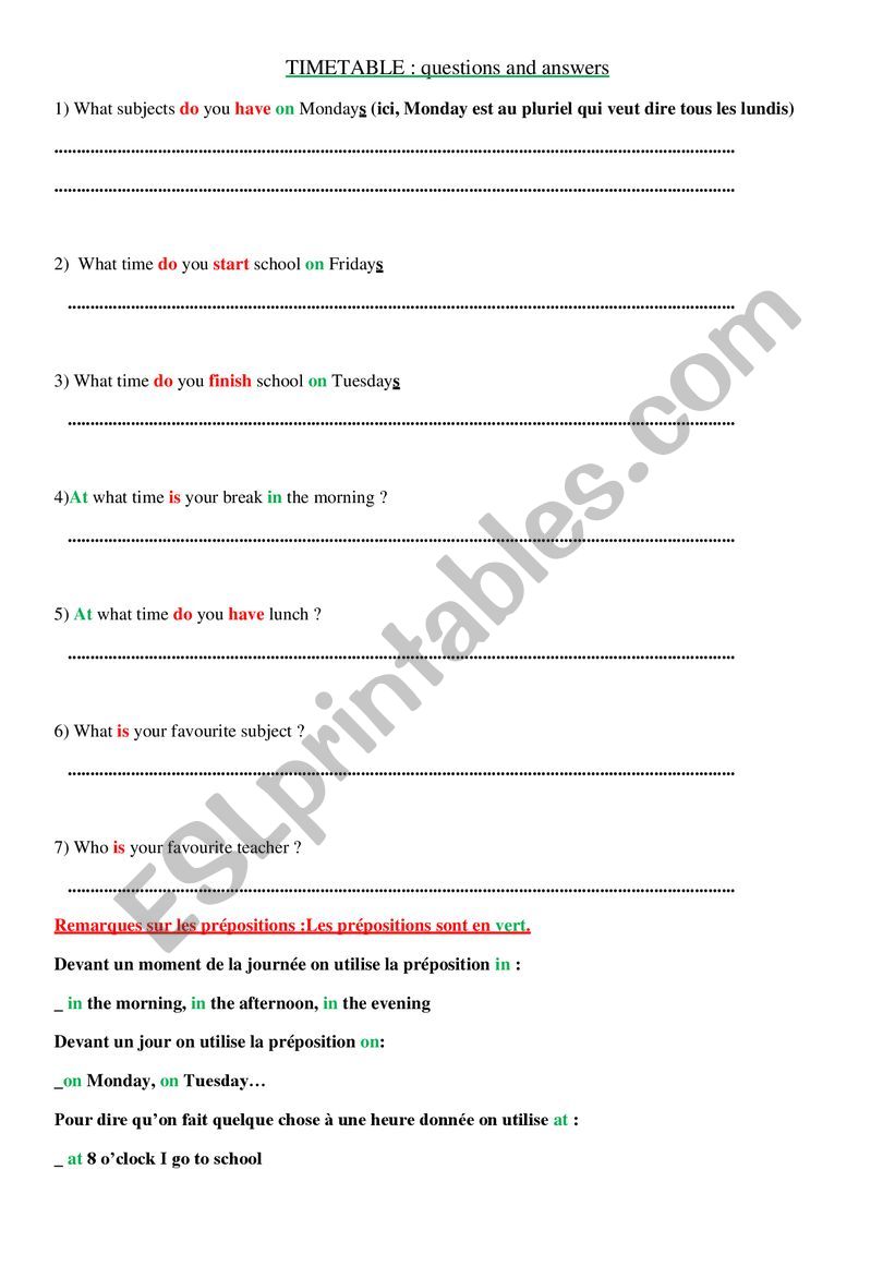school timetable questions worksheet