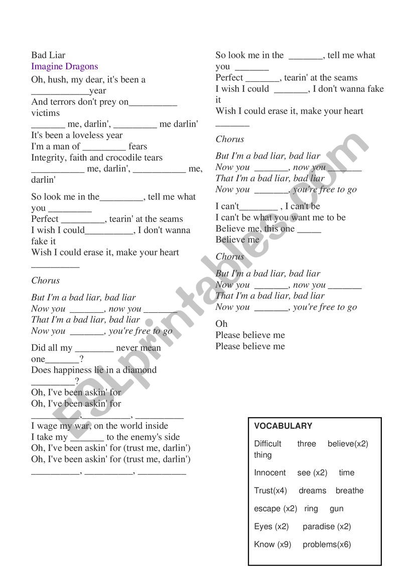 Bad Liar worksheet
