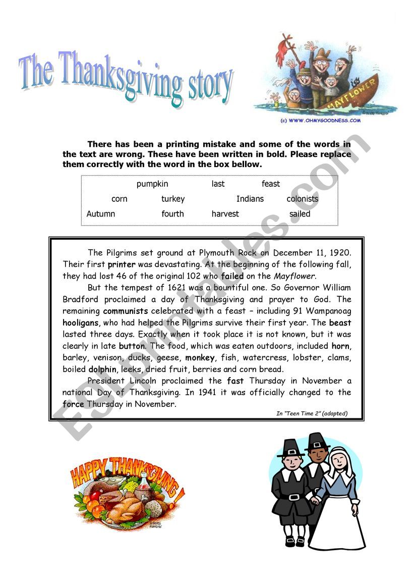 The story of Thanksgiving worksheet