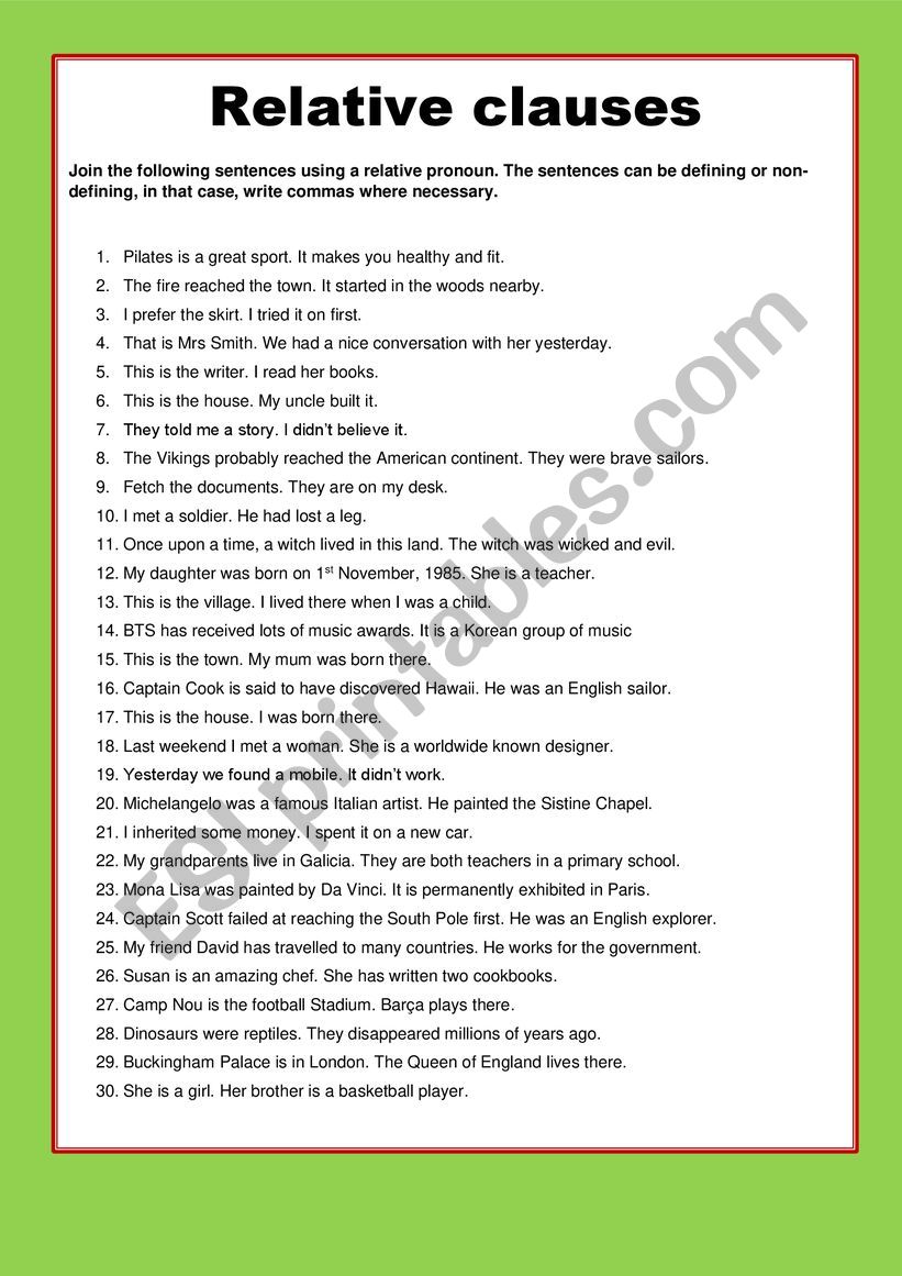 Relative clauses worksheet