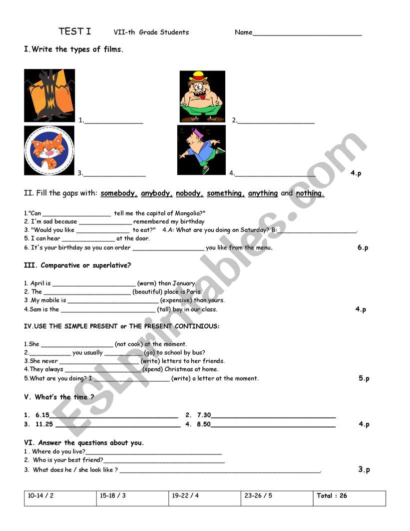 Test  VII-th grade     worksheet