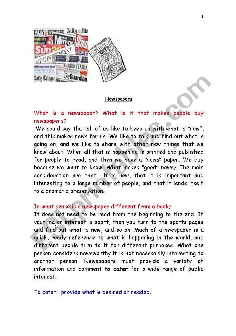 Newspapers worksheet