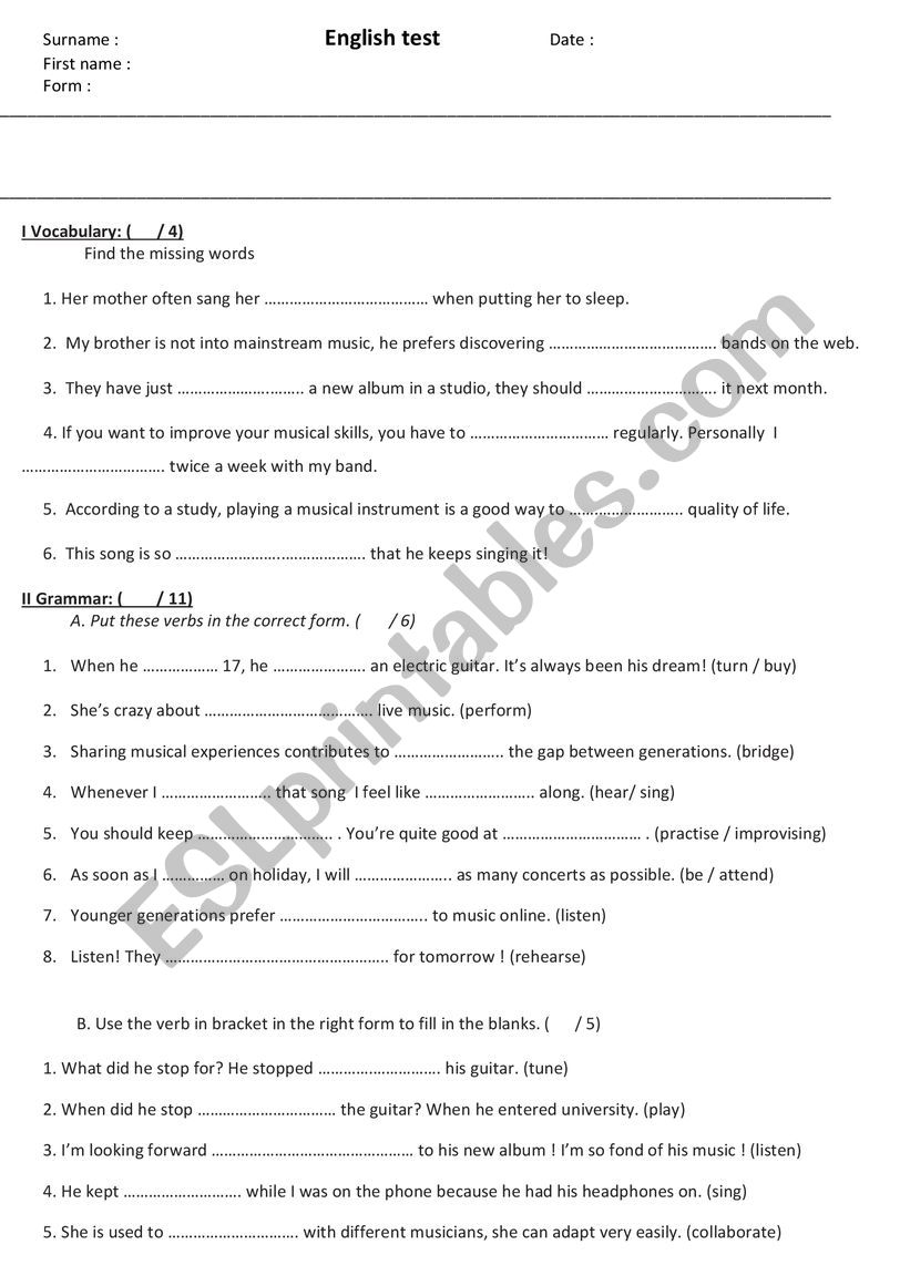 Music across generations test worksheet