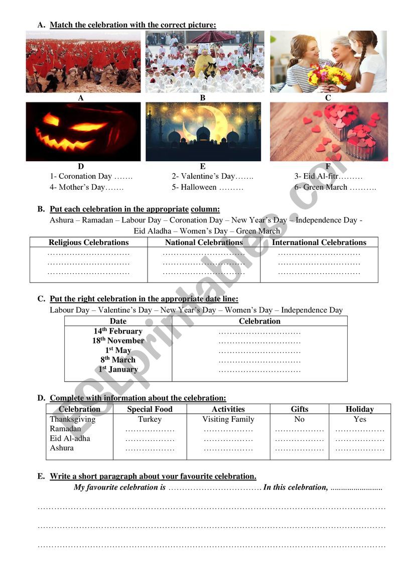 Celebrations worksheet