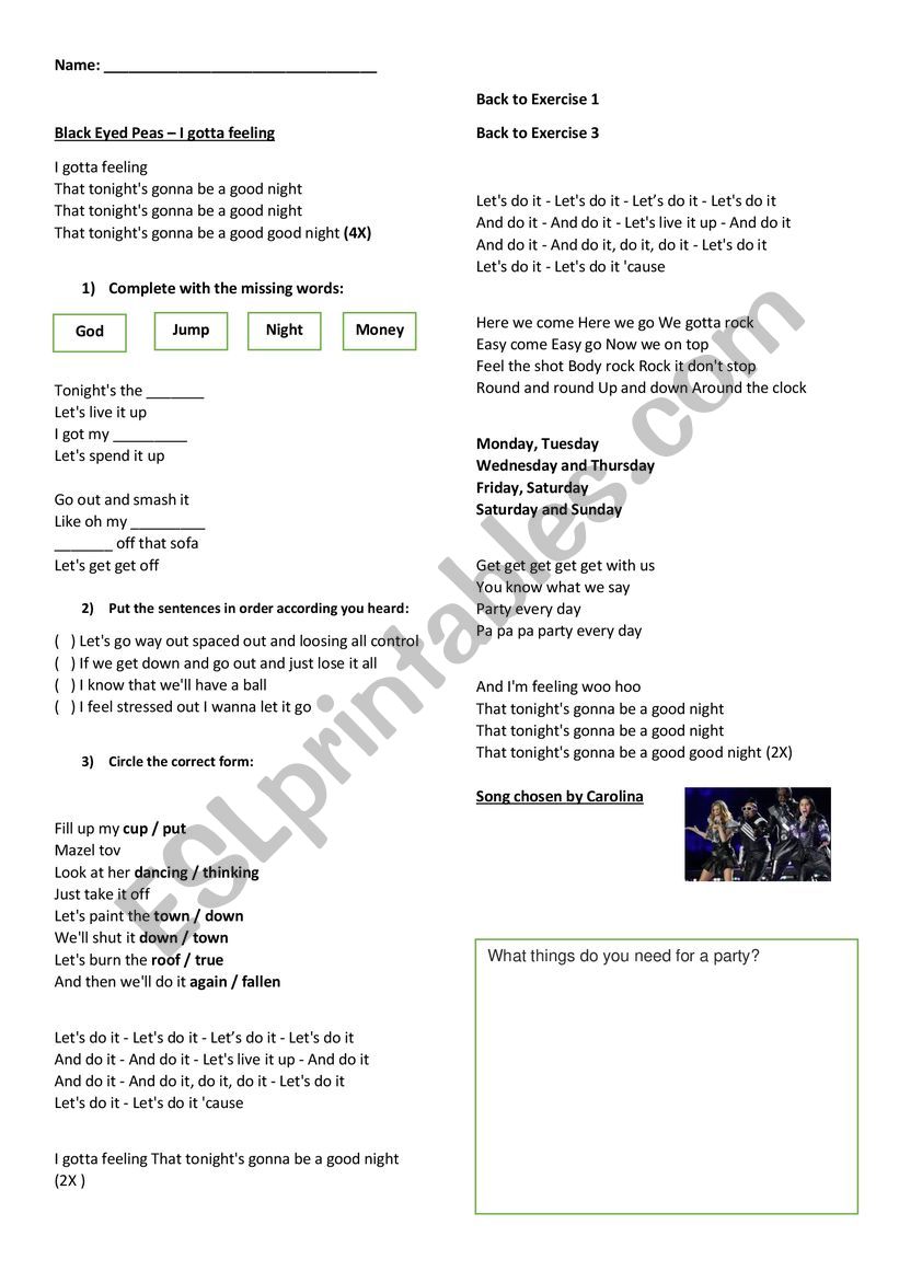 SONG I BEP I GOTTA A FEELING worksheet