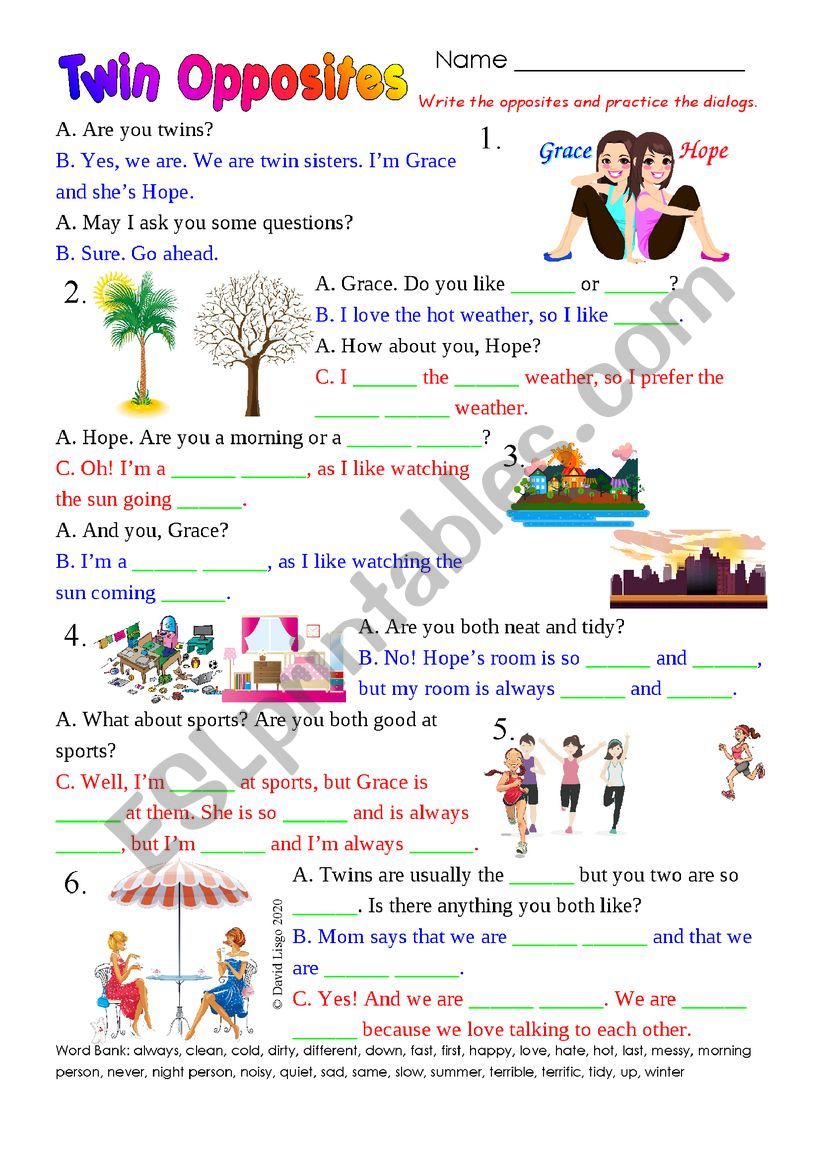 Twin Opposites with a key that acts as an extra worksheet.