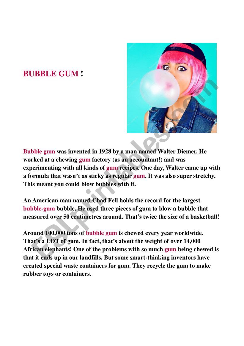 Bubble Gum worksheet
