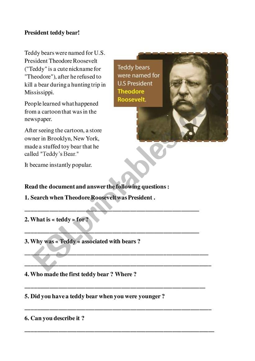 President Teddy Bear worksheet