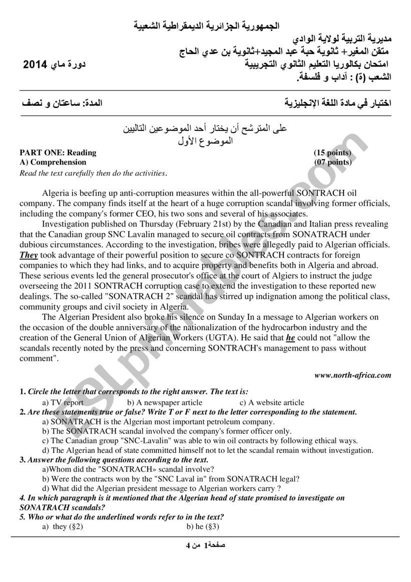 Algeria and corruption  worksheet