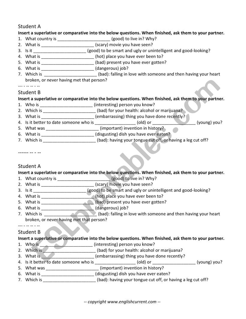 Comparative Superlative Game worksheet