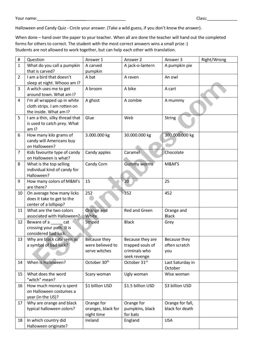 Halloween quiz 50 questions worksheet