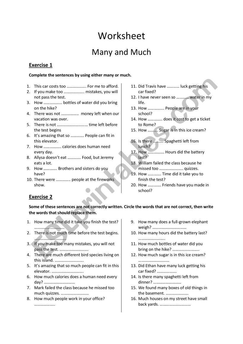 exercises much and many  worksheet