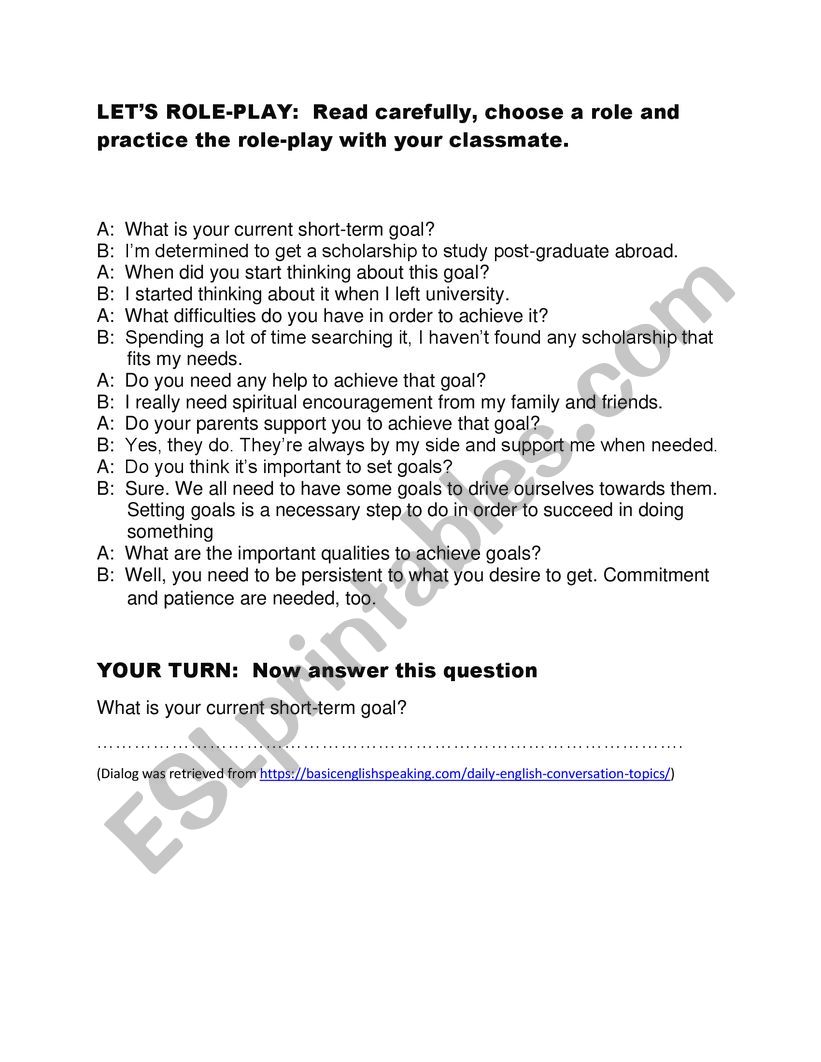 Dialog about goals worksheet