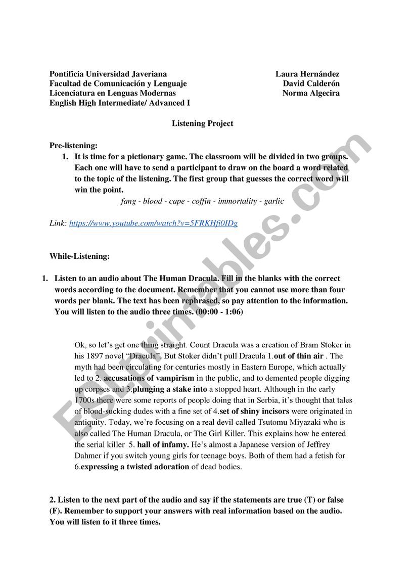 Listening activity - Human Dracula