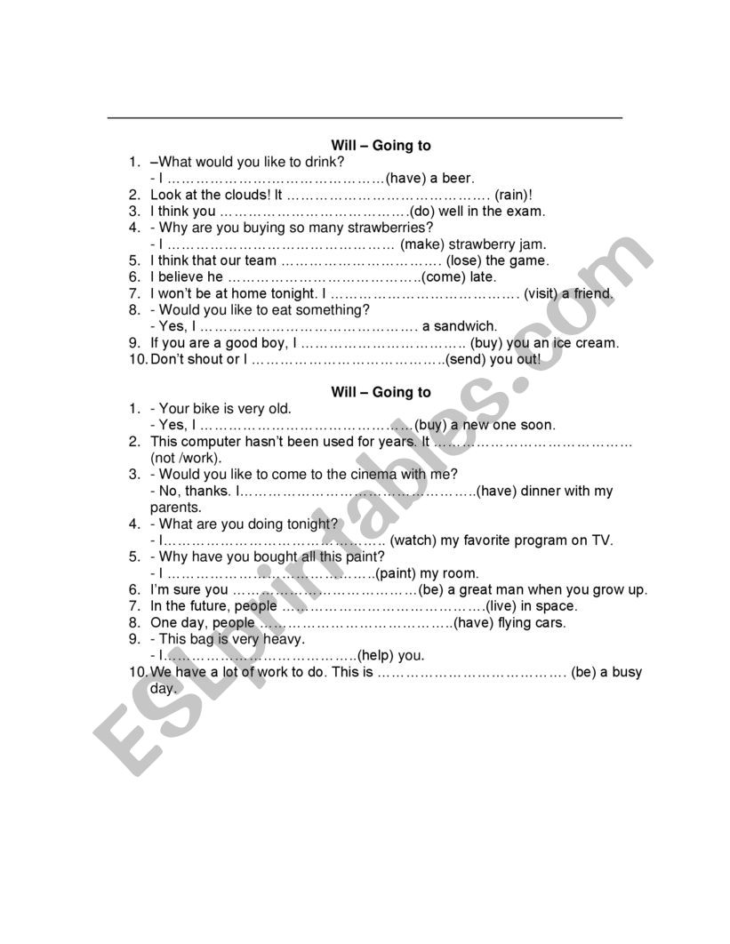 WILL - GOING TO worksheet