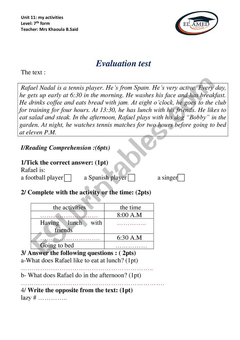 evaluation test first year 7th form