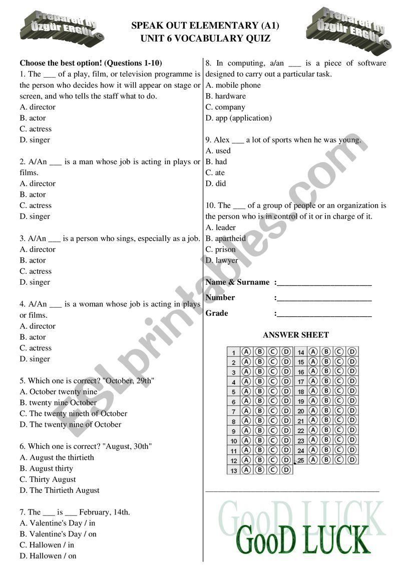 Speakout Elementary Unit 6 Vocabulary Quiz