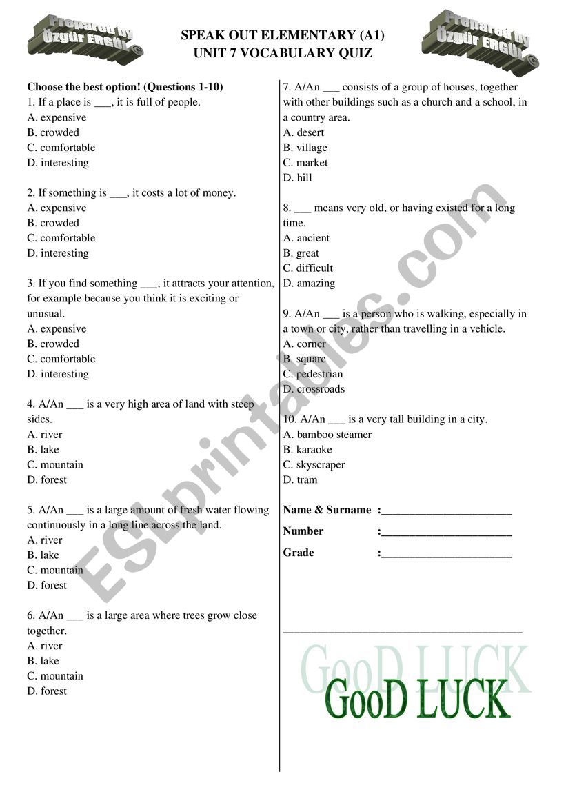 Speakout Elementary Unit 7 Vocabulary Quiz