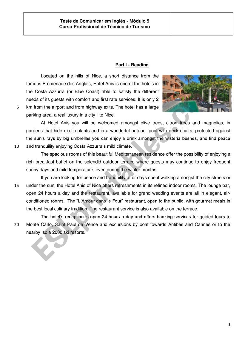 Test on Hospitality  worksheet