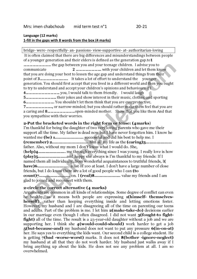 english mid -term test n1 third,form
