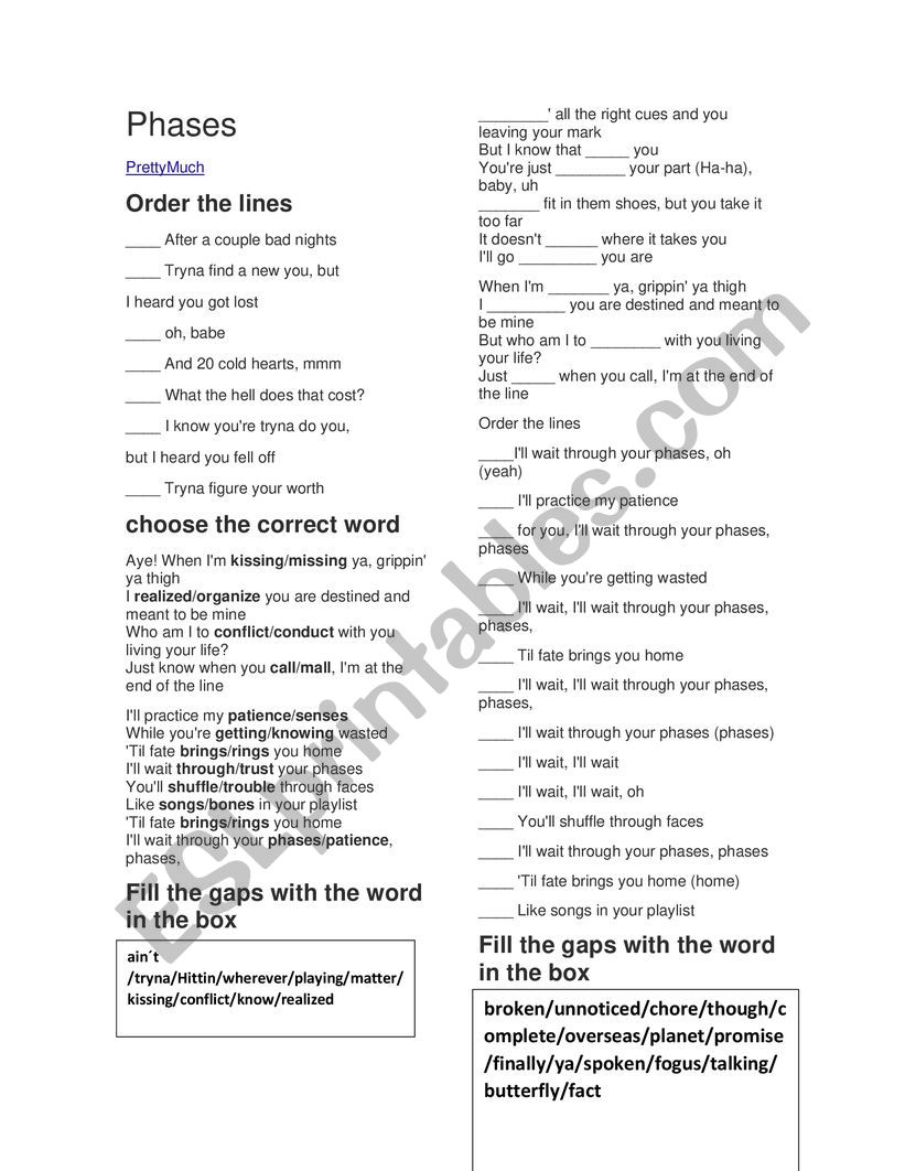 Phases- prettymuch song worksheet
