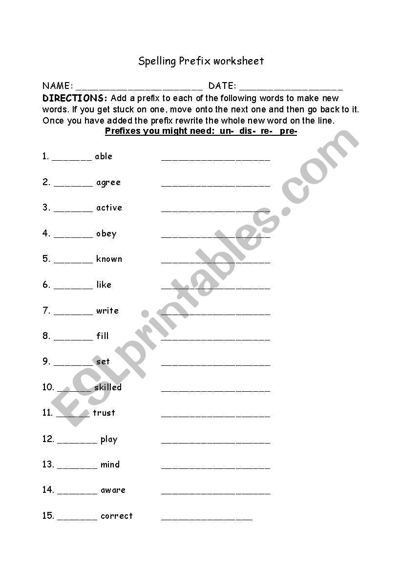 Prefix Worksheet worksheet