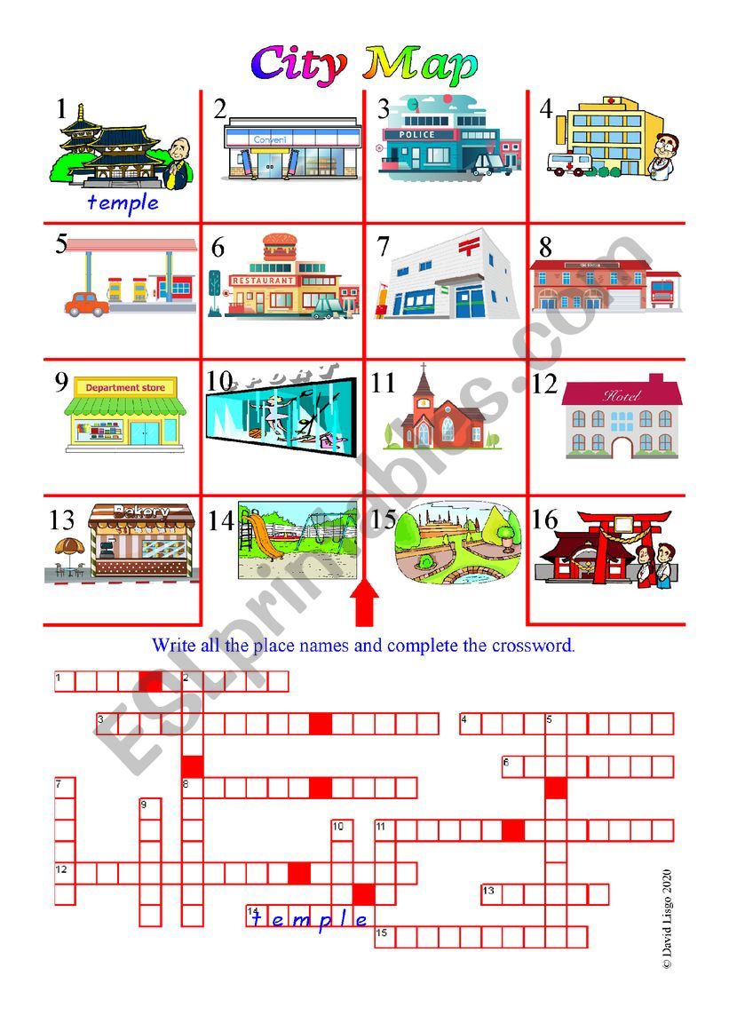 City Map with place name activities, answer key and additional activities.