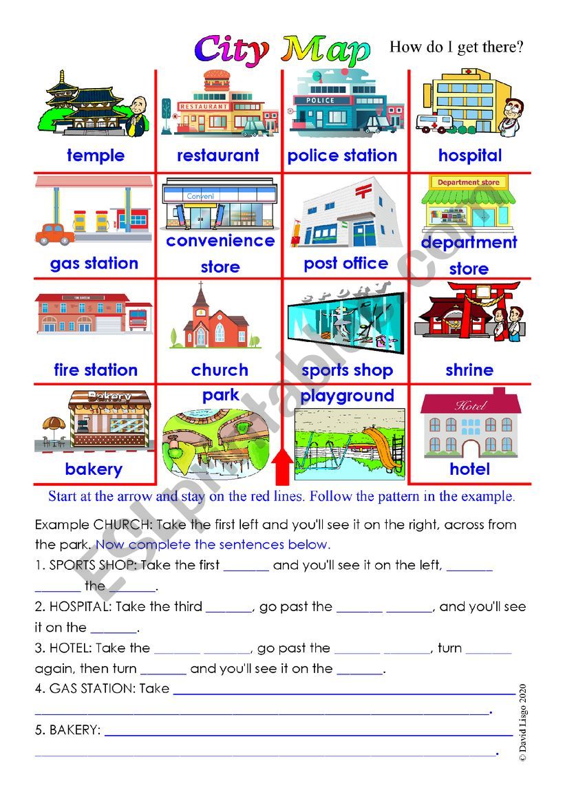 City Map with sentence completion activity and answer key.