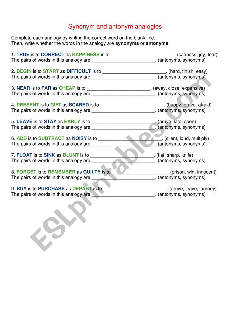 Synonym and Antonym worksheet