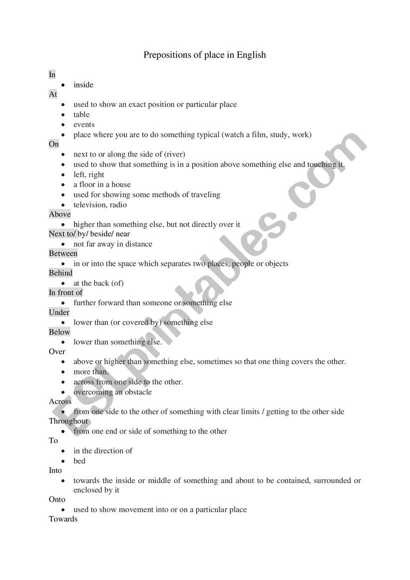 Prepositions of place in English