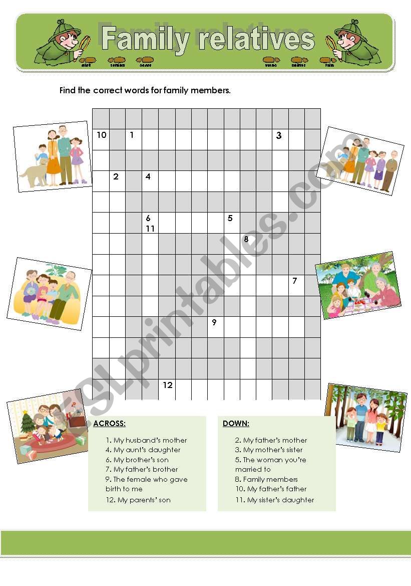 Family relatives crosswords worksheet