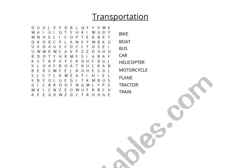 Transportation Wordsearch worksheet