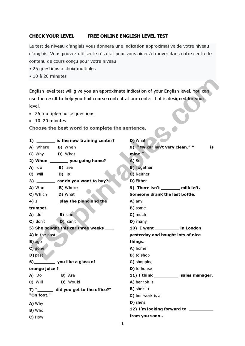 ENGLISH  LEVEL TEST worksheet