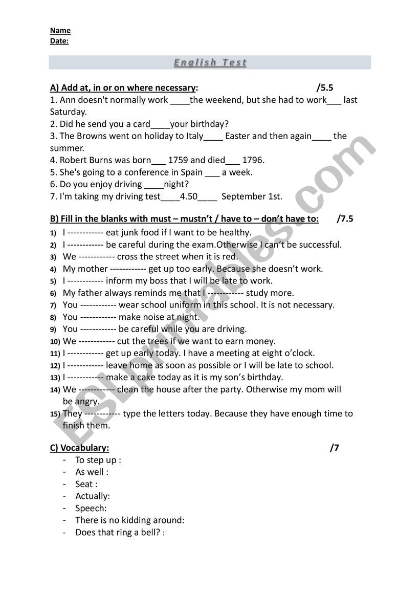 in/on/at -must/have to english test