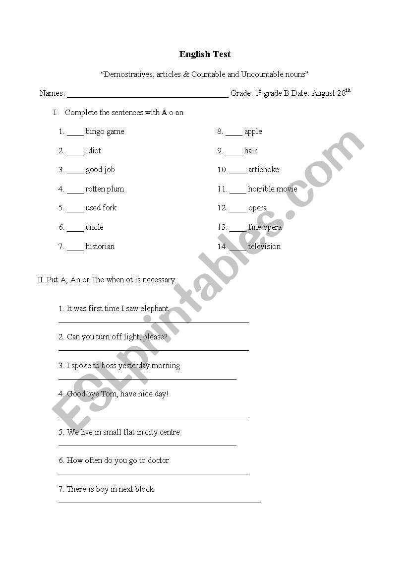 uses of demonstratives and uses of A or AN