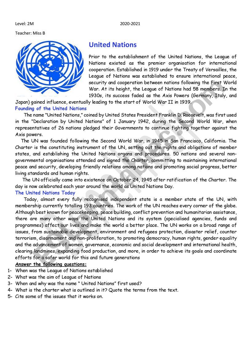 The united Nations worksheet