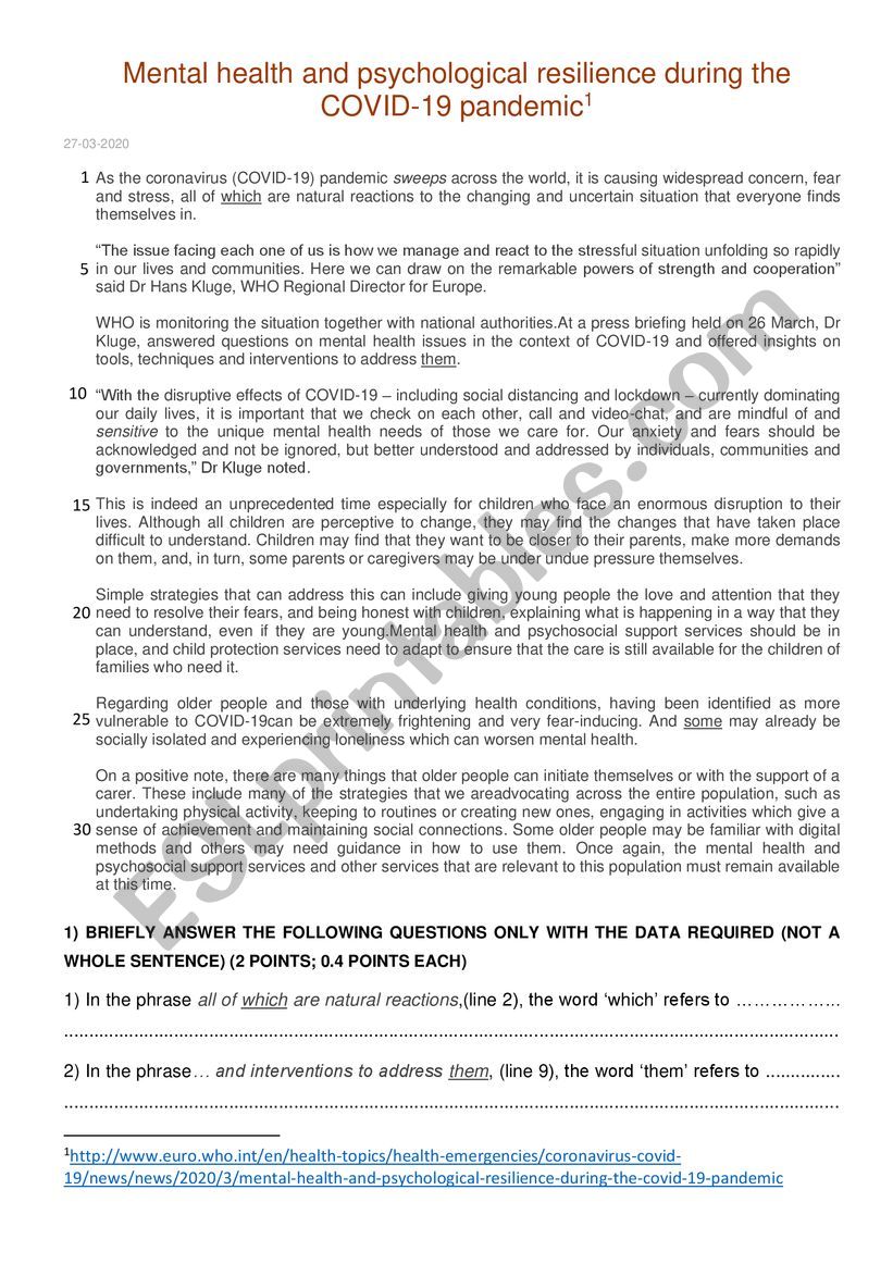 Mental health during pandemic worksheet