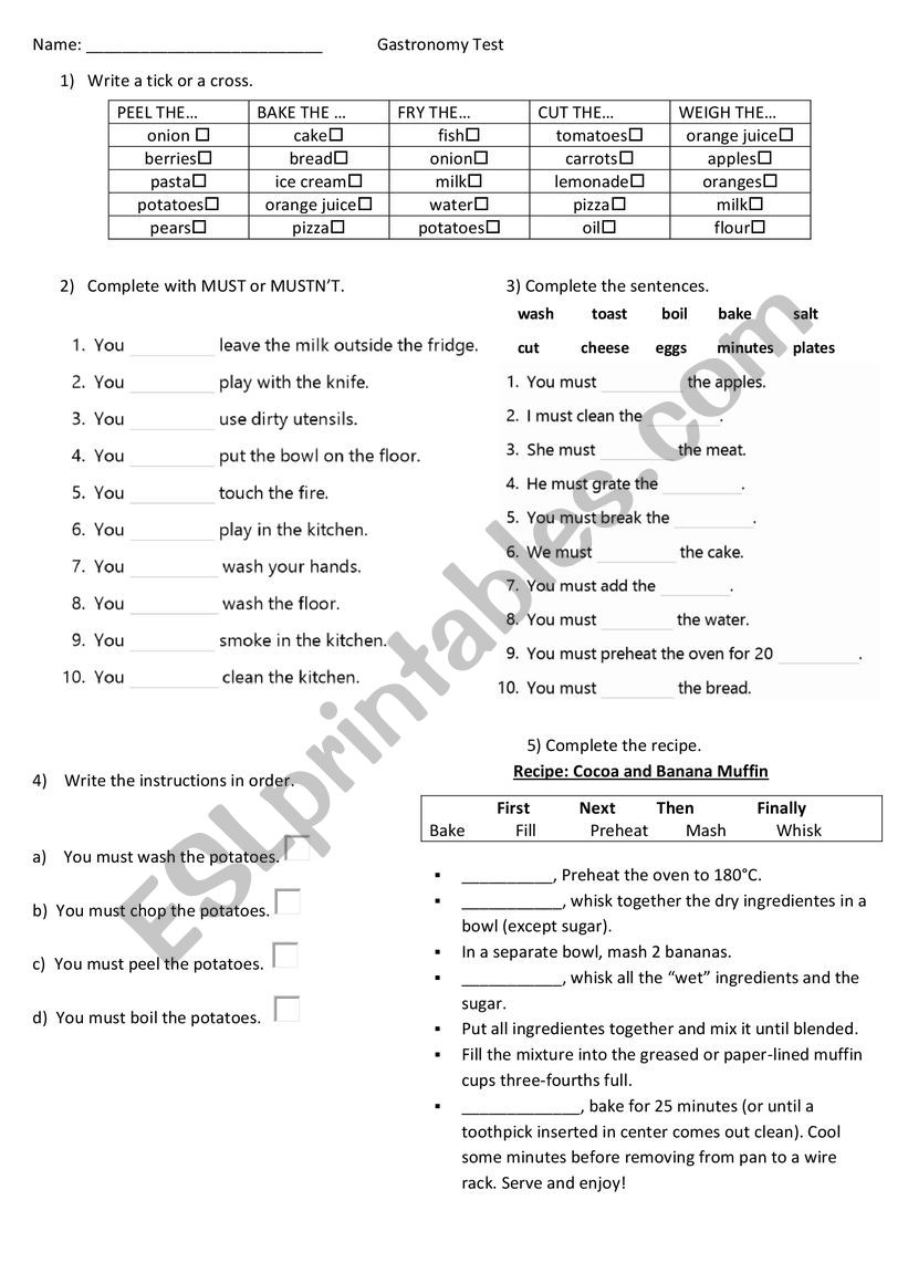 Gastronomy test worksheet